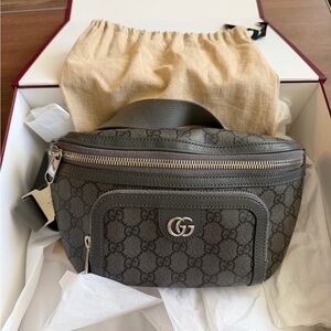 Gucci Black Monogram Belt Bag with Silver Accents